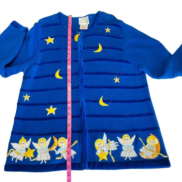 Quacker Factory Blue Chenille Yellow White Embroidered Angels Cardigan Plus 1X - Picture 10 of 10